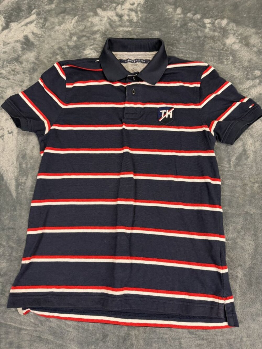 Tommy Hilfiger Mens Navy Red & White Striped Custom Fit Polo Shirt S